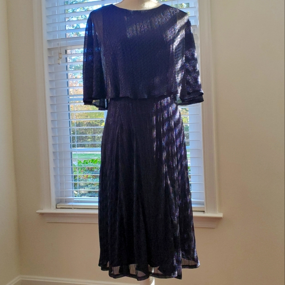 Metallic Mesh Caplet Crew Neck Navy Blue Dress
